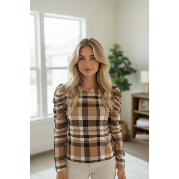 Les Amis Tops - Les Amis Plaid Puff Sleeve Top Brown Beige Check Blouse Size Small